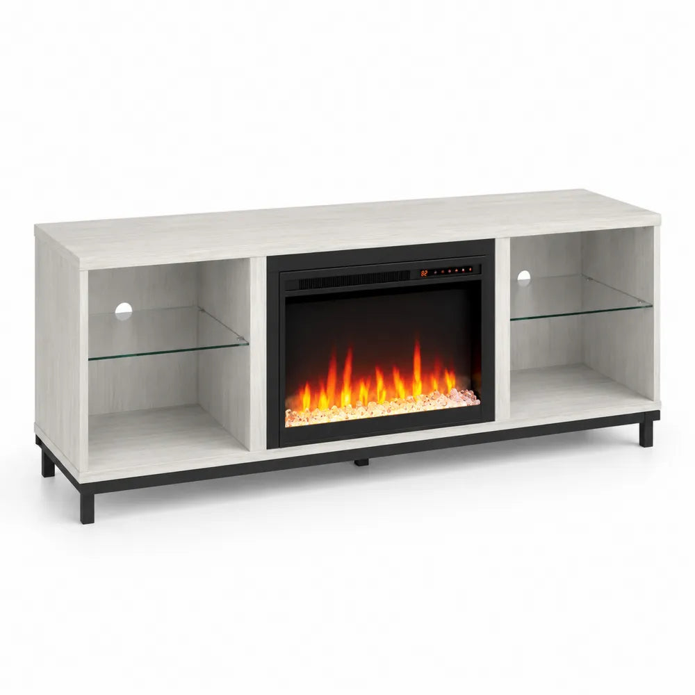 TV-Schrank mit Elektrokamin aus Holz und Glas, 140cm, Weiß