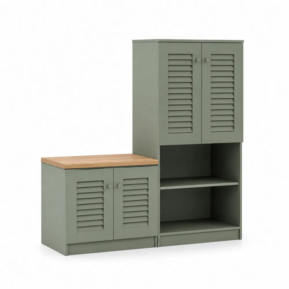 2-teiliges Holz-Schuhschrank-Set mit Lamellentüren, Grün und Naturholz