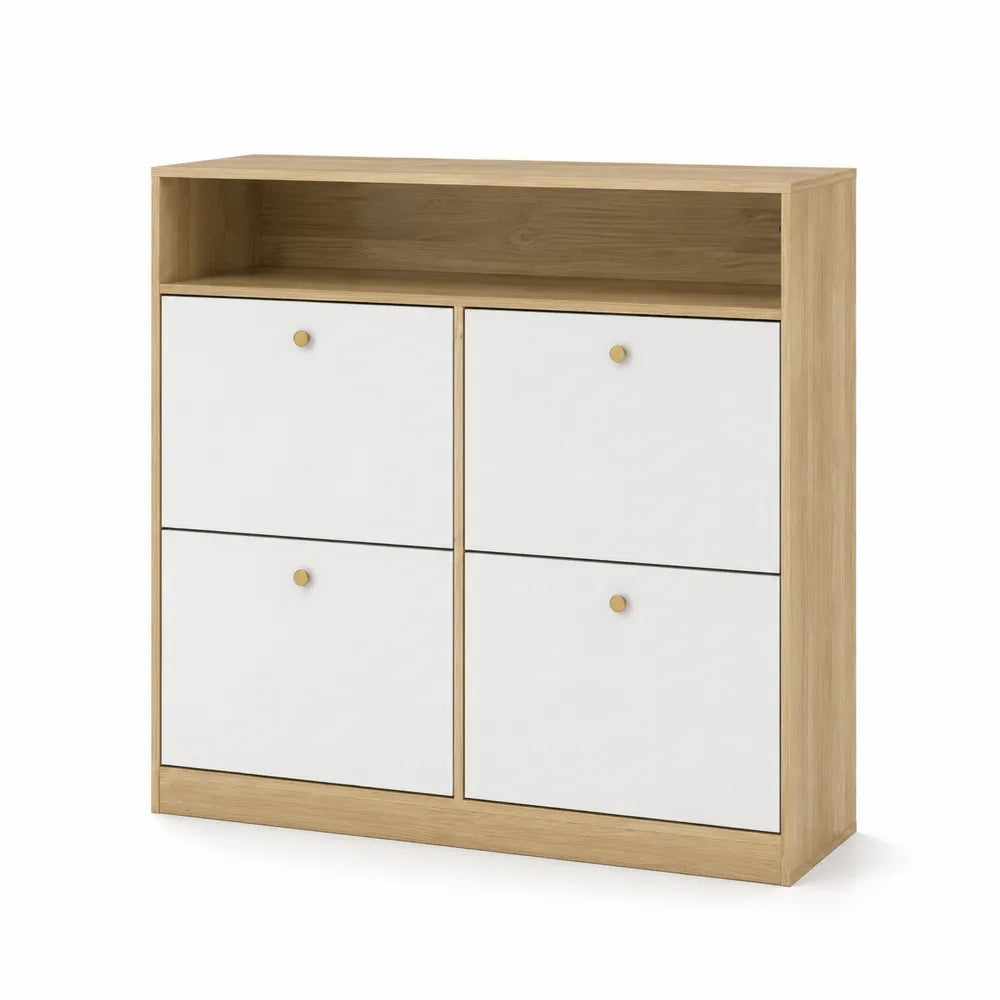 Schuhschrank mit 4 Klappen Eiche/Weiß MDF