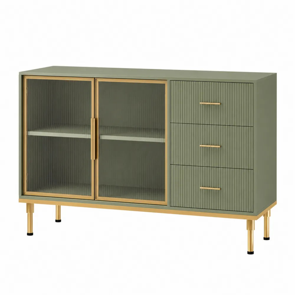 Grünes Sideboard aus MDF mit geriffeltem Glas und Metallgestell, 110x40x80 cm