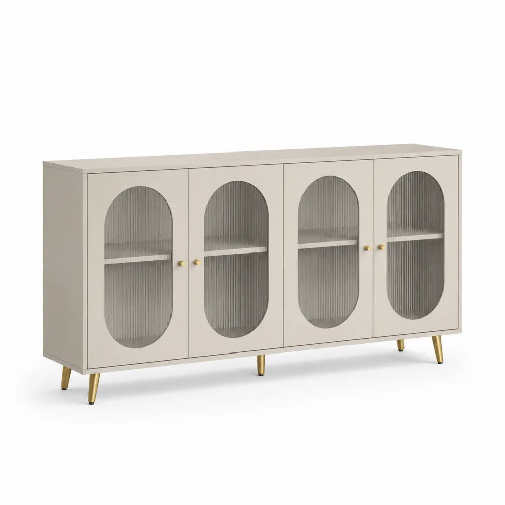 Sideboard aus Holzfurnier mit geriffeltem Glas und Metallbeinen Beige 160x40x80cm