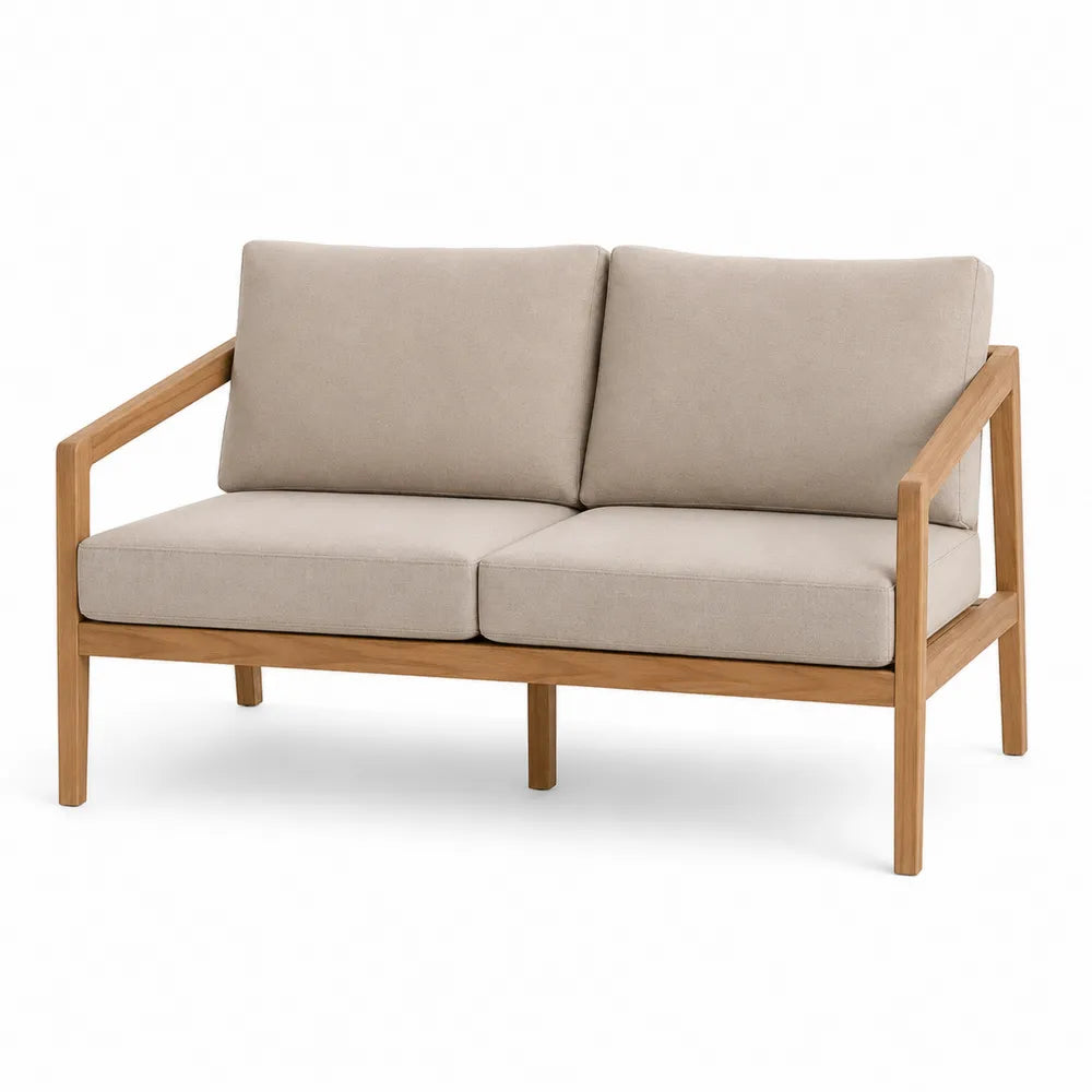 Gartensofa 2-Sitzer Teakholz Beige Leinenpolster 133cm