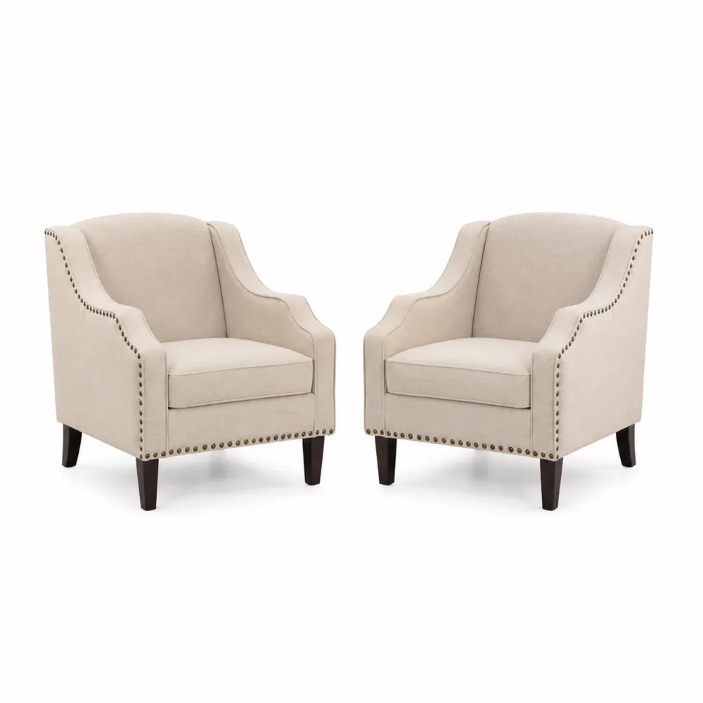 Beige Leinenstoff Sessel mit Massivholzbeinen, Set von 2