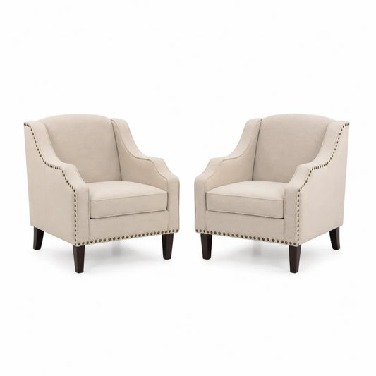 Beige Leinenstoff Sessel mit Massivholzbeinen, Set von 2