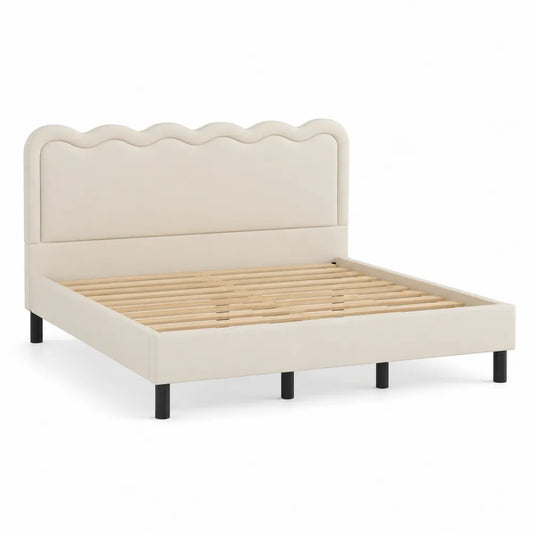 Doppelbett Beige Kunstleder mit Wellenkopfteile 200x160cm