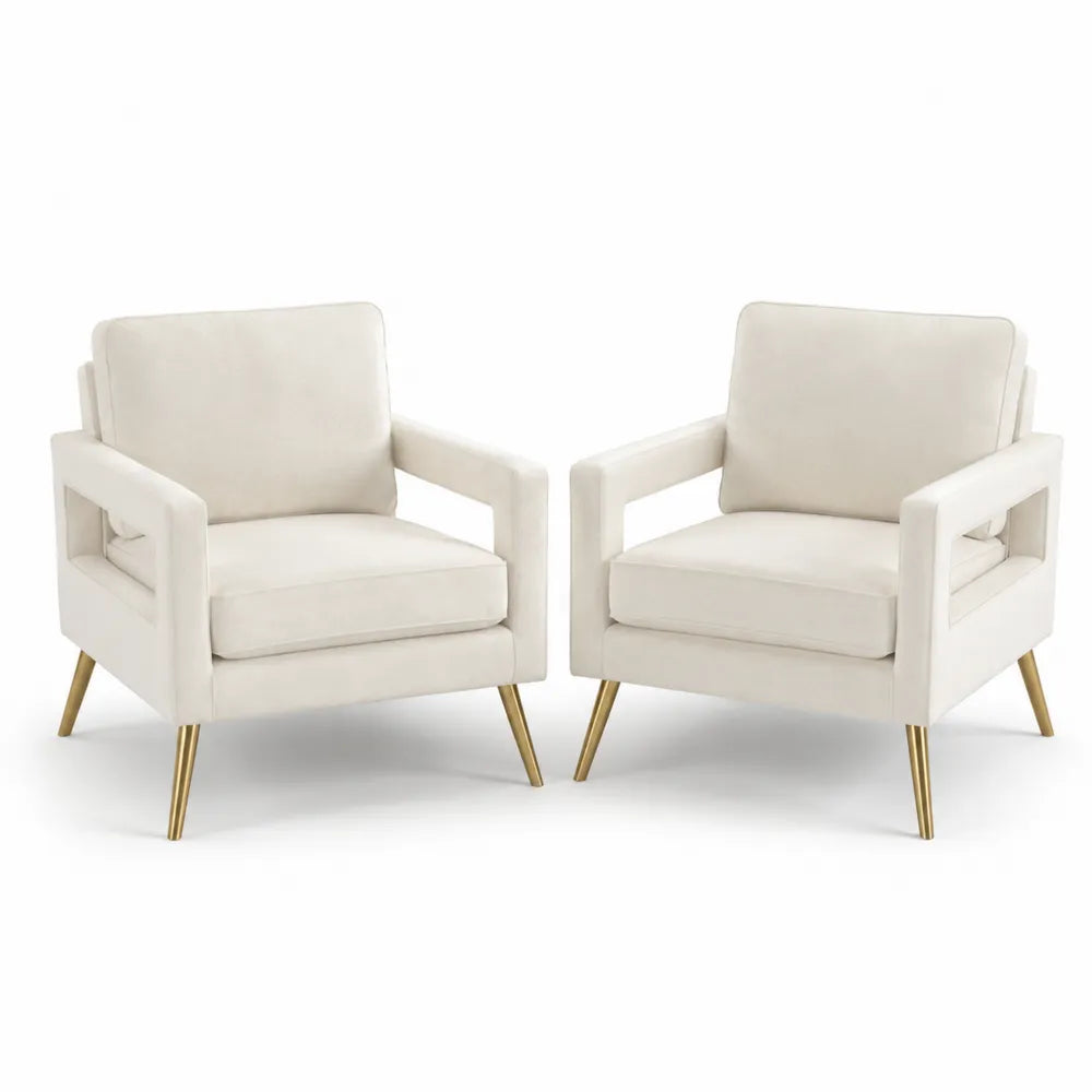2er Set Sessel Samt Beige mit Metallbeinen