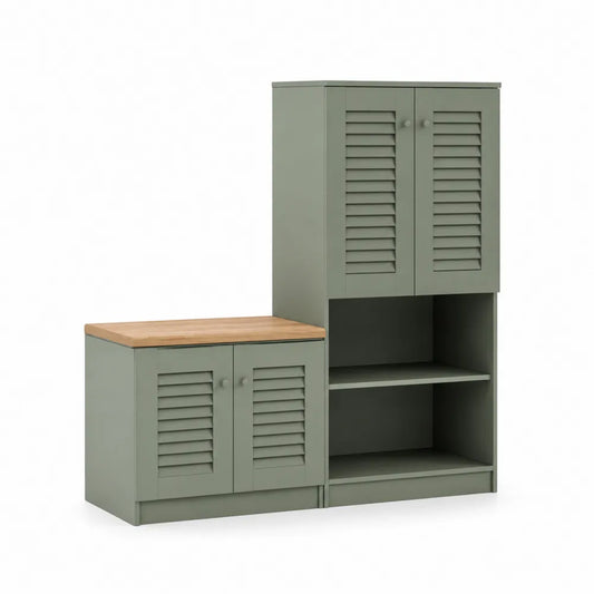 2-teiliges Holz-Schuhschrank-Set mit Lamellentüren, Grün und Naturholz