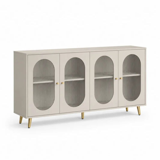 Sideboard aus Holzfurnier mit geriffeltem Glas und Metallbeinen Beige 160x40x80cm