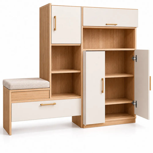 Schuhschrank Set mit Sitzbank MDF-Leinen Beige