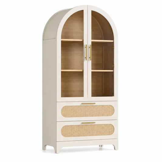 Küchenschrank Weiß Holz mit Glas und Korbgeflecht